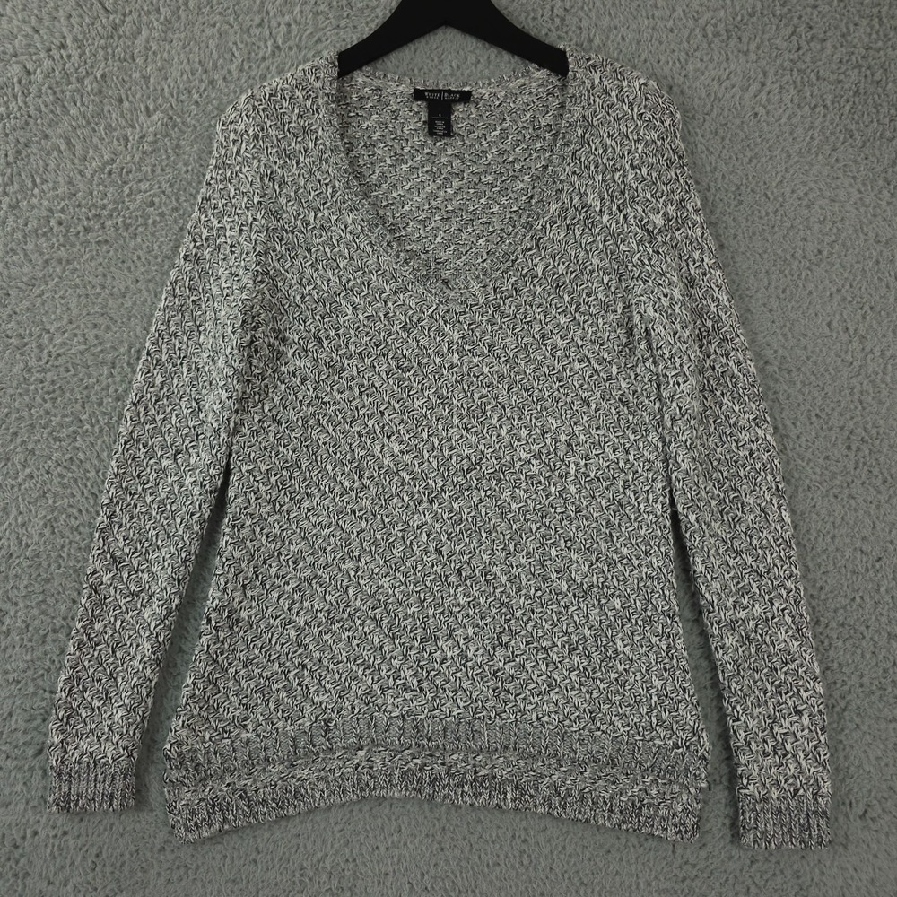 White House Black Market Sweater Womens Small Gray Silver Metallic V Neck Knit